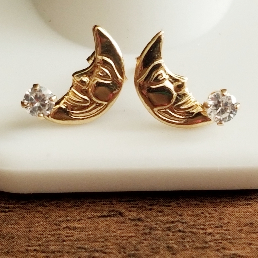14K Gold CZ Moon Earrings